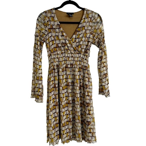 BCBGMaxazria Women's Boho Bell Sleeve Sheer Lined Mini Dress Size XS Gold Brown - Picture 2 of 11